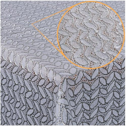 Tischdecke abwaschbar Wachstuch Lace Vinyl Häkel Spitze Optik 180 x 138cm Blätterchen Silber abwischbar
