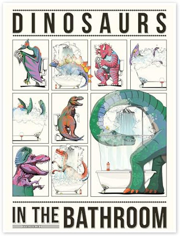 Dinosaurier im Badezimmer Poster von Wyatt9 90 x 120 cm Bunt Wandbilder Wanddeko