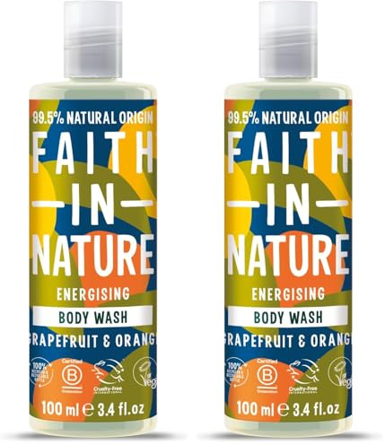Faith In Nature 100ml Travel Size Grapefruit & Orange Body Wash, Energising Shower Gel, Vegan & Cruelty Free, No SLS or Parabens (Pack of 2)