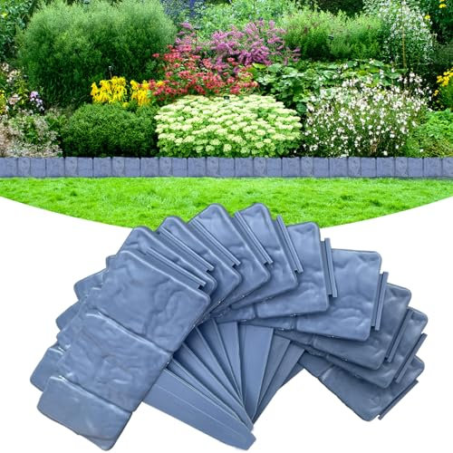 Bordure Jardin Exterieur 20pcs,5m Bordure de Pelouse,Bordure de pelouse en Plastique Imitation Pierre, Gris Bords de Pelouse en Plastique(Anthracite, 5 m - 20 pièces)