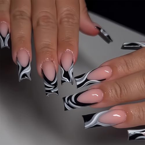 GlamRays Ensemble De 24 Ongles en Pression Noirs Et Gris Rayés Asymétriques Forme Cercueil Longue, Style Gothique Chic, Convient pour Une Utilisation Quotidienne pour Toutes Les Femmes