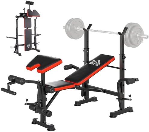 HOMCOM Panca Palestra Multifunzione con Supporto Bilanciere Rosso e Nero