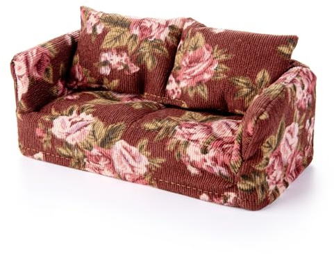 Minamzee 1:12 Puppenhausmöbel Sofa Set, Miniatur Abnehmbarer Retro Couch Doppelsitzer mit Kissen, Antiker Hüttenstil Puppenhaus Zubehör für Wohnzimmer, Schlafzimmer