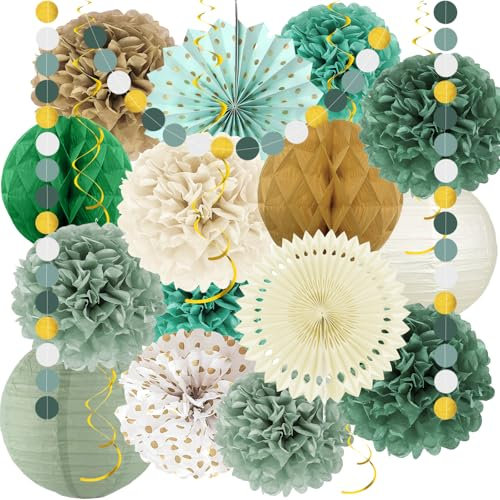 Decoracion Fiesta Pompones, Adornos Verde Salvia, Bolas de Panal, Flores Abanicos de Papel, Papel linternas para Fiesta Cumpleaños, Festivales, Bodas, Bautizos