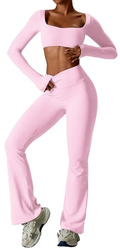 IDOPIP Sport-Set Damen Langarm für Fitness: Zweiteiler Gym Set mit Langarmshirt und Leggings Schlaghose - Sportkleidung für Yoga Pilates Workout
