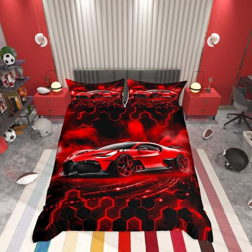 Homemissing Rotes Rennwagen-Bettwäsche-Set für Jungen, Teenager, Rennwagen, Glitzer-Waben-Bettwäsche-Set, Fast and Furious Extremsport-Bettbezug mit 1 Kissenbezug