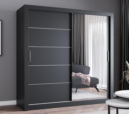 AOF-IBIZA Sliding Mirror Door Wardrobe – Modern Bedroom Closet with Shelves, Hanging Rails & Drawers – Available in 100–120-150-180-203 and 250cm – White, Grey, Oak, or Black (Black, 100cm)