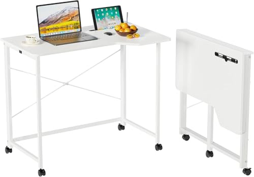 Folding Desk with Tablet Slot,90cm Foldable Computer Desk for Small Spaces, Space Saving, Writing Work Table for Home Office, Bedroom, Study (White)
