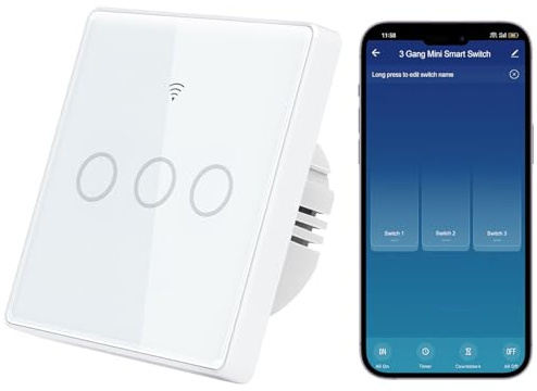 Interrupteur WIFI Connecté Compatible avec Alexa, APP Control/Voice Control/Timer/Remote Access, Mural Interrupteur Tactile 3 Gang 1 Voies Blanc Panneau en Verre Trempé Tuya/Smart Life APP/Assistant