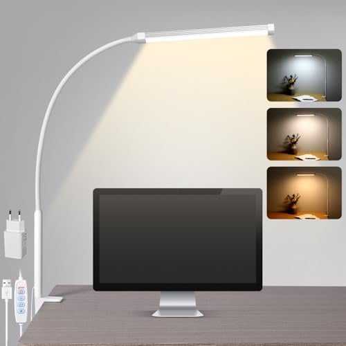 LIBORA LED Schreibtischlampe Klemmbar, Dimmbare Tischlampe mit USB, Weiß | 3 Farbtemperaturstufen 10 Helligkeitsstufen, Flexibles Schwanenhal, Augenschonende Tischlampe mit USB-Adapter, Platz sparen