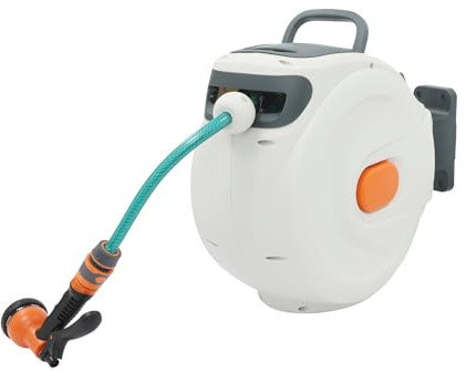 DAHAD Caja de manguera de pared, enrollador de manguera de 20 m, Auto Lock y Rewind, pistola pulverizadora de 6 funciones, giratorio 180°, soporte de pared, manguera de jardín, riego al aire libre
