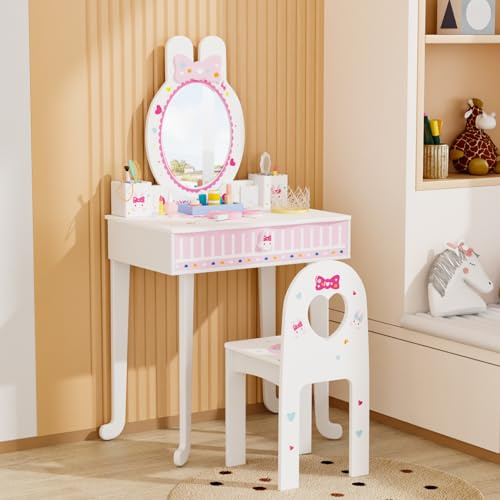 Bonnlo Schminktisch mit Hocker und Abnehmbarer Spiegel, Kindertisch mit Schublade für Mädchen ab 3 Jahren, Hasen-Design (Weiß)