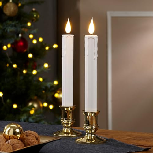 EUROtops LED-Kerzenset mit Flacker-Flamme und Timer, elektrische Stabkerzen | goldener Kerzenhalter, warmweißes Licht für Fensterbank oder Festtafel, batteriebetrieben, ohne offenes Feuer und Ruß