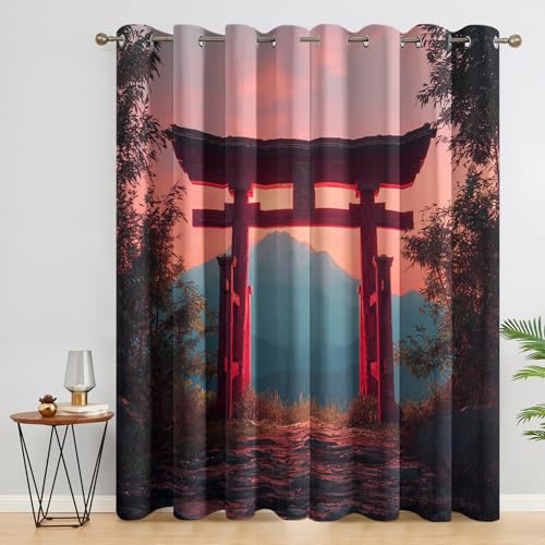 Generisch Japanische Torii Berge Vorhang Blickdicht 2er Set, H 137 x B 117, 95% Verdunklung, Asiatisch Japan Vorhänge für Wohnzimmer Schlafzimmer Deko, Thermo Fenster Gardinen mit Ösen IZV130