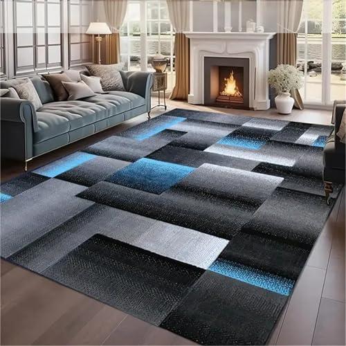 USHIRUG Moderner Teppich für Wohnzimmer, 100x150cm, Rutschfester, Fusselfreier Teppich Mit Geometrischem Karomuster, Grau-Blau, Waschbar und Weich für Eingangsbereiche, Flure, Esstische und Büros