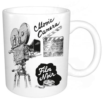 AELKSP Keramik-Kaffeetasse, große Milchkaffeetasse,Teetasse,lustige tassen,mama tasse,papa tasse,kindertasse,Kino, Antike Filmkamera, handgezeichneter Kunstdruck im Film-Noir-Stil, Weißbra,11oz/330ml