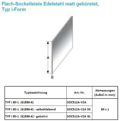 75 Meter Fußleisten / Sockelleisten TYP i 80-1 (Edelstahl matt gebürstet / 61896-6 SK) - selbstklebend