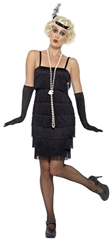 Smiffys Flapper Kostüm, Schwarz, mit kurzem Kleid, Kopfschmuck & Handschuhen