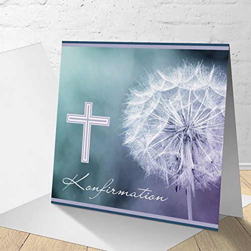 5 Karten zur Konfirmation mit passenden Umschlägen, Einladungskarten zur Konfirmation, Klappkarten im Set zu 5 Stk.Pusteblume + Kreuz