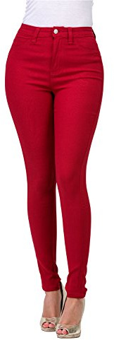High Rise-Waisted Ladies Women Multi-Color Stretch Skinny Jeans Pants Olive Grey Mustard(Push UP) (L, RED)