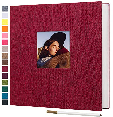 potricher 13.2x12.8 Inch Large Self Adhesive Photo Album Sticky 3x5 4x6 5x7 6x8 8x10 8.5x11 Magnetic Scrapbook Album 40 Pages Linen Cover DIY Photo Album with A Metallic Pen (Red)