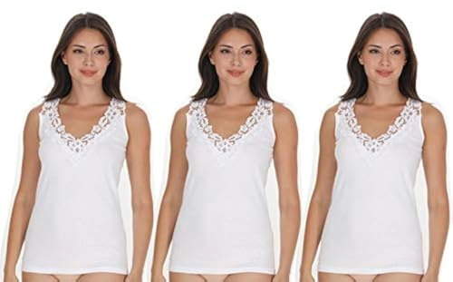 Maria Angel Lingerie Pack of 3 Ladies Plain Cotton Wide Strap Vest Top Lace Trim Neck Design Cami Tank Camisole 1010