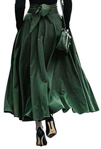 Womens High Waisted A-line Swing Maxi Skirt Solid Color Elegant Tie Front Flowy Long Skirt with Pockets Army Green(UK 12/Tag L)