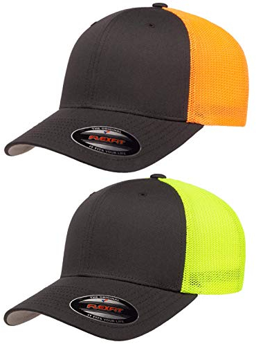 Flexfit Herren Unisex-Erwachsene Trucker, Anthrazit, Neon-Orange und Anthrazit, Neongelb, 2 Stück, Einheitsgröße