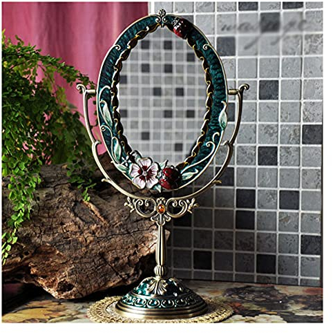 XIAOYUE Tragbarer Spiegel im Europäischen Stil, Antiker Dekorativer Kosmetikspiegel aus Metall mit Ständer, Doppelseitiger Nostalgie-Oval-Prinzessin-Badspiegel mit 360-Grad-Drehung