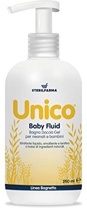 Unico Baby Fluid Bagno Doccia emolliente, lenitivo, ingredienti naturali. Igiene e cura del corpo di neonati, bambini ed adulti con pelle delicata, intollerante o predisposta ad allergie (250 ml)