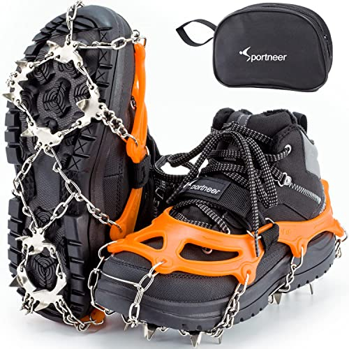 Sportneer Steigeisen Eisstollen Traktion, 19 Spikes Edelstahl Anti-Rutsch EIS Schnee Grips für Schuhe Stiefel, Sicherer Schutz für Gehen, Joggen, Klettern, Angeln, Bergsteigen, Wandern, Orange, L
