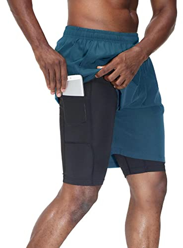 HMIYA Herren 2 in 1 Shorts Fitness Sporthose Kurz Jogginghose Schnelltrocknende Laufhose mit Kompressionsshorts und Taschen Reißverschlussfach(Pfauen blau,EU-M/US-S)