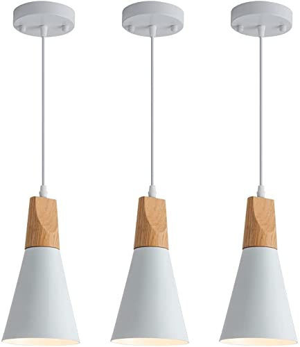 Home-Neat Paquete de 3 lámparas colgantes modernas con base E27, lámpara colgante de madera nórdica para isla de cocina, comedor, granero, bar, pasillo (blanco)