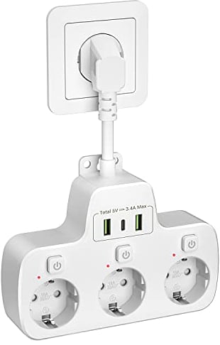 Multiprise Electrique USB C, Prise Multiple avec Interrupteur Individuel Bloc Prise 3 Prises Murale avec Chargeur Adaptateur pour Maison, Bureau, Rallonge Câble Court 0.1 m, Blanc