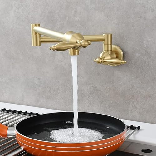 SOKNARKU Solid Brass Antique Wall Mounted Folding Faucet Double Switch Foldable Kitchen Sink Pot Filler Faucet Gold Brushed