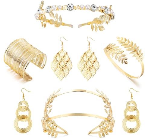 Milacolato Schmuck Set Damen 6 Teiliges Griechisches Göttinnen-Kostümzubehör Set Für Frauen Boho Goldenes Lorbeerblatt Ohrringe Spule Oberes Armband Oberarmreif Gold Toga Kostümschmuck