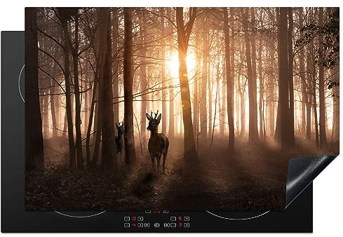 MuchoWow Herdabdeckplatte Ceranfeld Spritzschutz Küche Wald - Hirsche - Sonne - Bäume - Winter - Natur - Tiere 81.6x52.7 cm Induktionsherd Abdeckung Induktionskochfeld Ceranfeldabdeckung