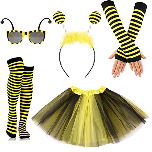 BOFUNX Bienen/Marienkäfer Kostüm für Damen Mädchen Erwachsene Marienkäfer Bienen Brille Haarreif Fingerlose Handschuhe Tüllrock Faschingskostüm für Karneval Fasching Halloween Mottoparty
