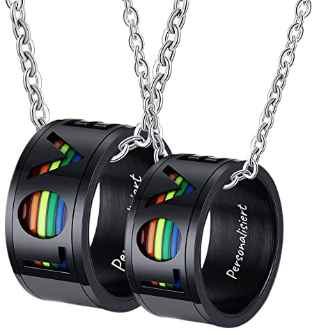 Epinki Edelstahl Partnerketten mit Ring mit Ring Anhänger, LGBT Paar Ketten Ringe, Schwarz für Damen & Herren, Breite 11MM - Herrenkette 60cm, Damenkette 50cm