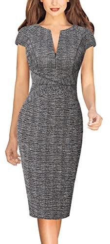 VFSHOW Womens Front Zipper Colorblock Work Office Business Party Bodycon Pencil Dress, Black Tweed-cap Sleeve, XL