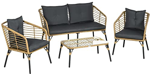 Outsunny 4 TLG. Gartenmöbel-Set, Rattan Sitzgarnitur mit Kissen, Sitzgruppe mit 3 Sesseln, 1 Couchtisch, Balkonmöbel im Boho-Stil für 4 Personen, Sand+Dunkelgrau