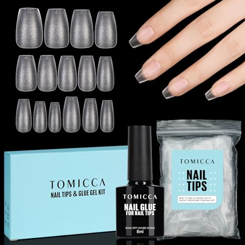 TOMICCA Faux Ongles Transparent Couverture Complète Ongles Capsules, 4 en 1 Colle Faux Ongles, Ballerina Court 150 Pièces 15 Tailles