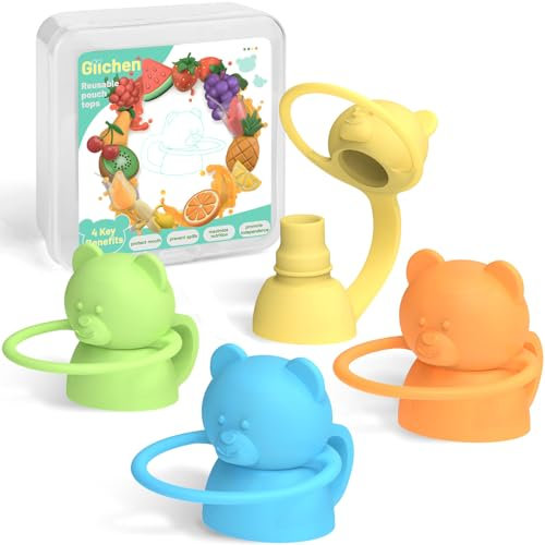 Giichen Lot de 4 couvercles de pochettes alimentaires en silicone sans BPA pour bébé, pochette de qualité alimentaire pour tout-petits, protège la bouche des enfants (bleu, vert, jaune, orange)