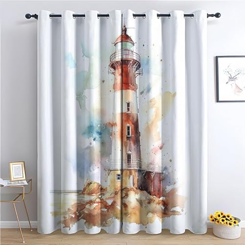 QEODAH Vorhänge Leuchtturm Nautisch Maritim Gardinen mit Ösen, Vorhang Blickdicht, Verdunklungsvorhänge, Schlafzimmer Wohnzimmer & Kinderzimmer Deko, Blackout Curtain 2er Set H 166 x B 75 cm