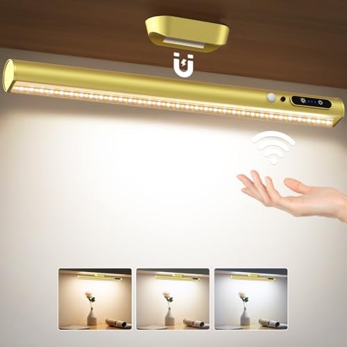 Moslumin Motion Sensor LED Light Bar Indoor, Rechargeable Under Cabinet Kitchen Lights, Magnetic Battery Powered Operated Wall Strip Lights with Remote Control for Picture Shelf – Gold