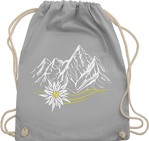 Turnbeutel Rucksack - Kompatibel mit Oktoberfest Tasche - Edelweiß Berge Wandern Wanderlust Berg ruft Alpen - Unisize - Hellgrau - trachtenrucksack bayrische bergen baumwollrucksack trachtentaschen