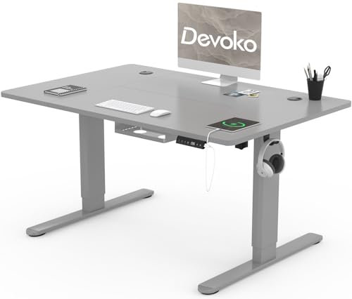 Devoko 120x80cm Escritorio Elevable Eléctrico de Carga Tipo C, Escritorio para Computadora Ajustable en Altura con Bandeja de Gestión de Cables y Memoria de 3 Funciones, Gris
