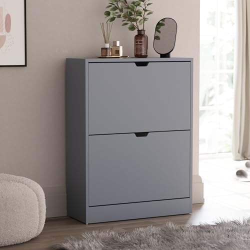 Vida Designs Schuhschrank mit 2 Schubladen, platzsparender Schuhschrank mit 2 Klappschubladen, für Flur und Wohnzimmer, 100% FSC-Zertifiziert (grau)