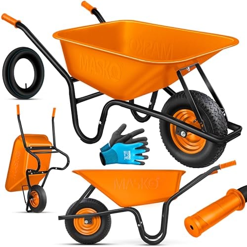 MASKO® Schubkarre Bauschubkarre Gartenschubkarre 100 Liter 250kg Luftreifen mit Stahlfelge + Ersatzschlauch Schubkarrenschlauch, verzinkt Stahlrahmen Garten Karre Schiebkarre Transportkarre Handschuhe