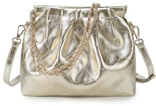 VNFIOEI Handtasche Damen PU-Leder Umhängetasche Groß Schultertasche Quilling Diamantmuster tasche Kettentasche Taschen mit Verstellbare Schultergurte Hobo Crossbody Bag(Gold)